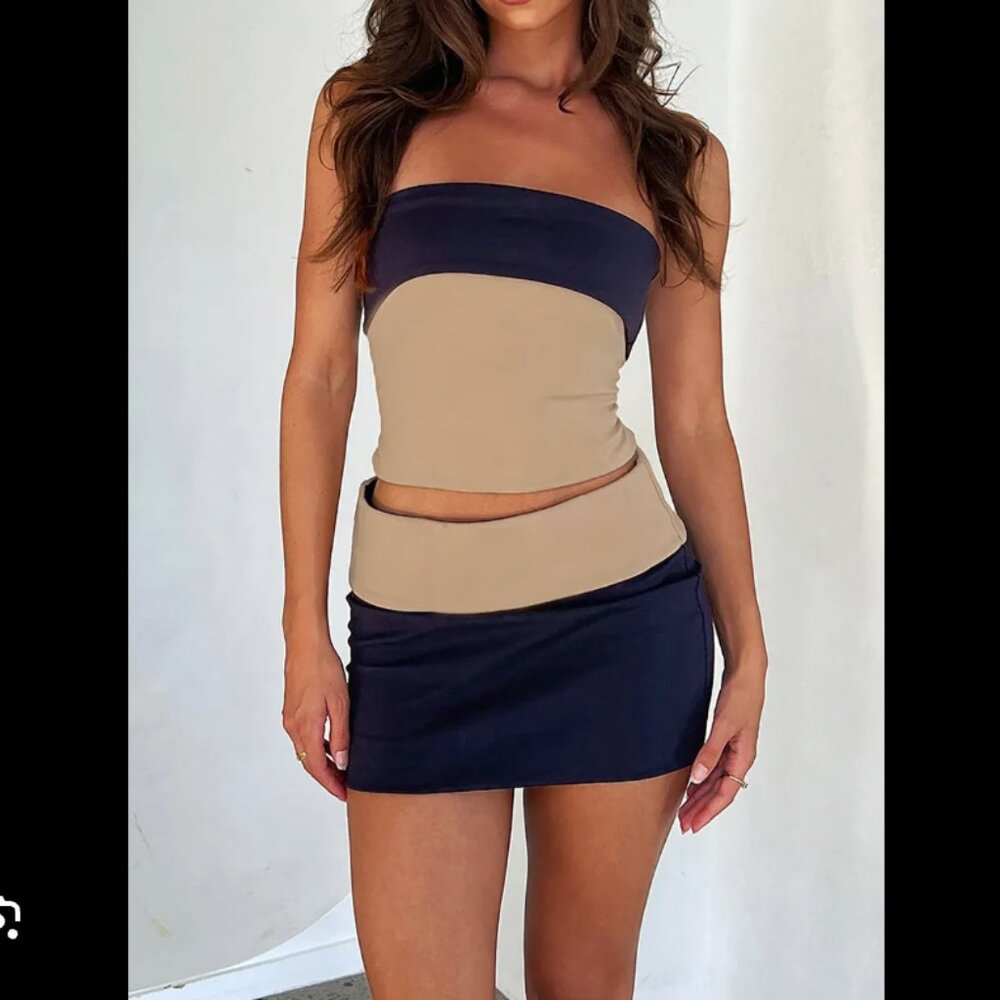 TIGER MIST TUBE TOP MINI SKIRT TWO TONE COORD SET XXS